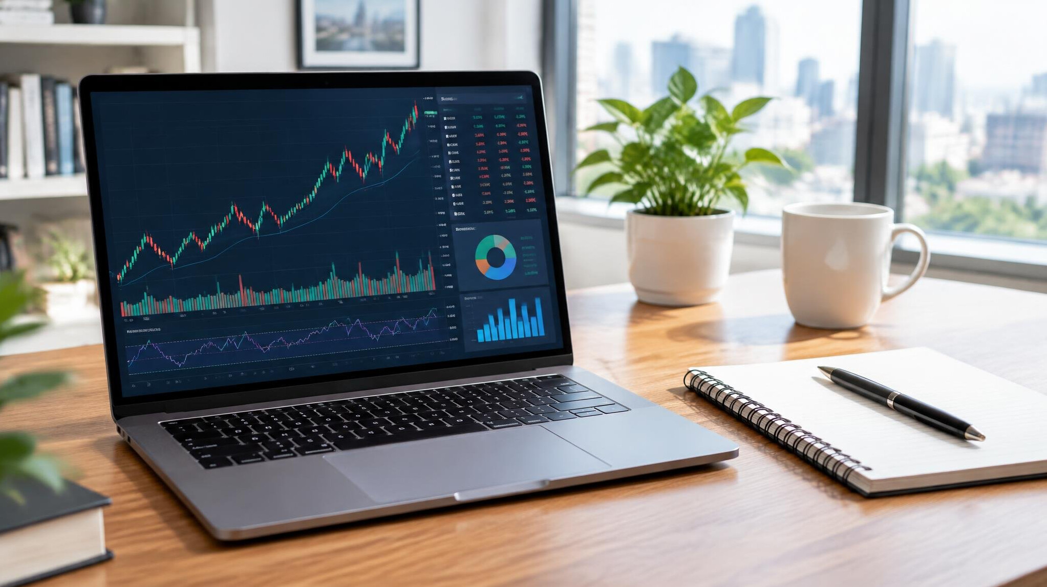 Laptop and notebook with charts on a wooden desk