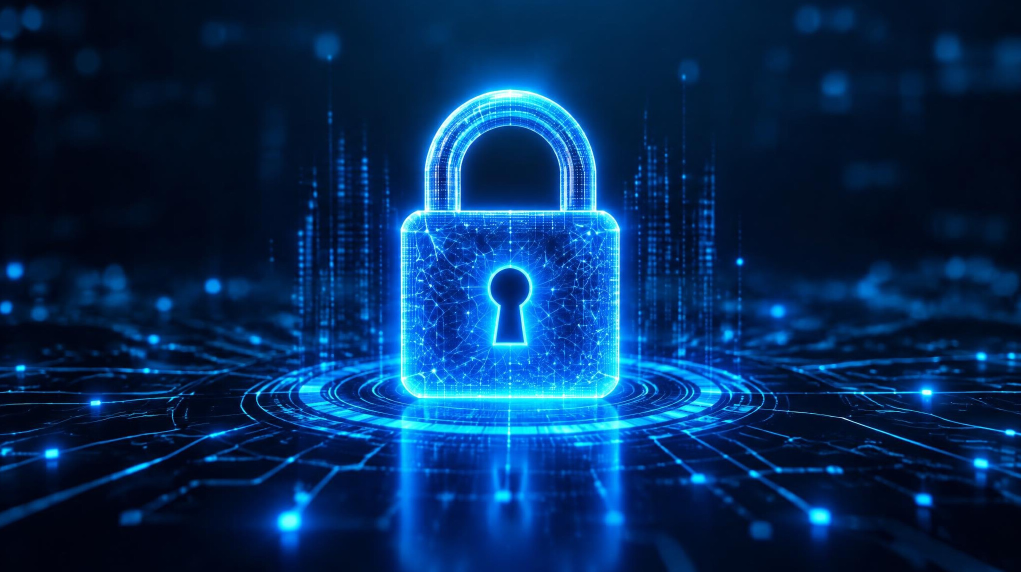 Digital padlock security concept on dark background