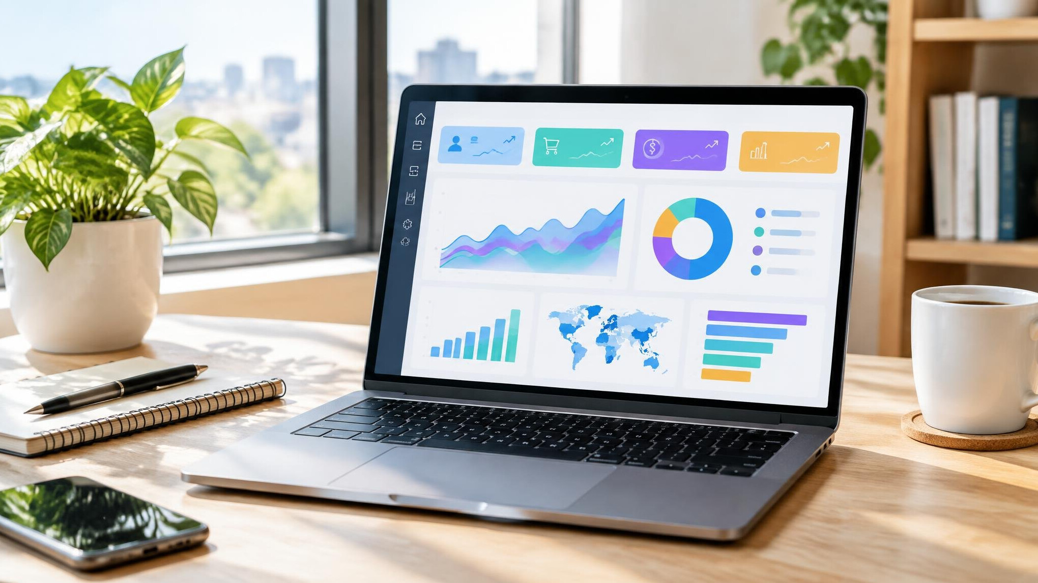 Laptop screen with data analytics dashboard and charts
