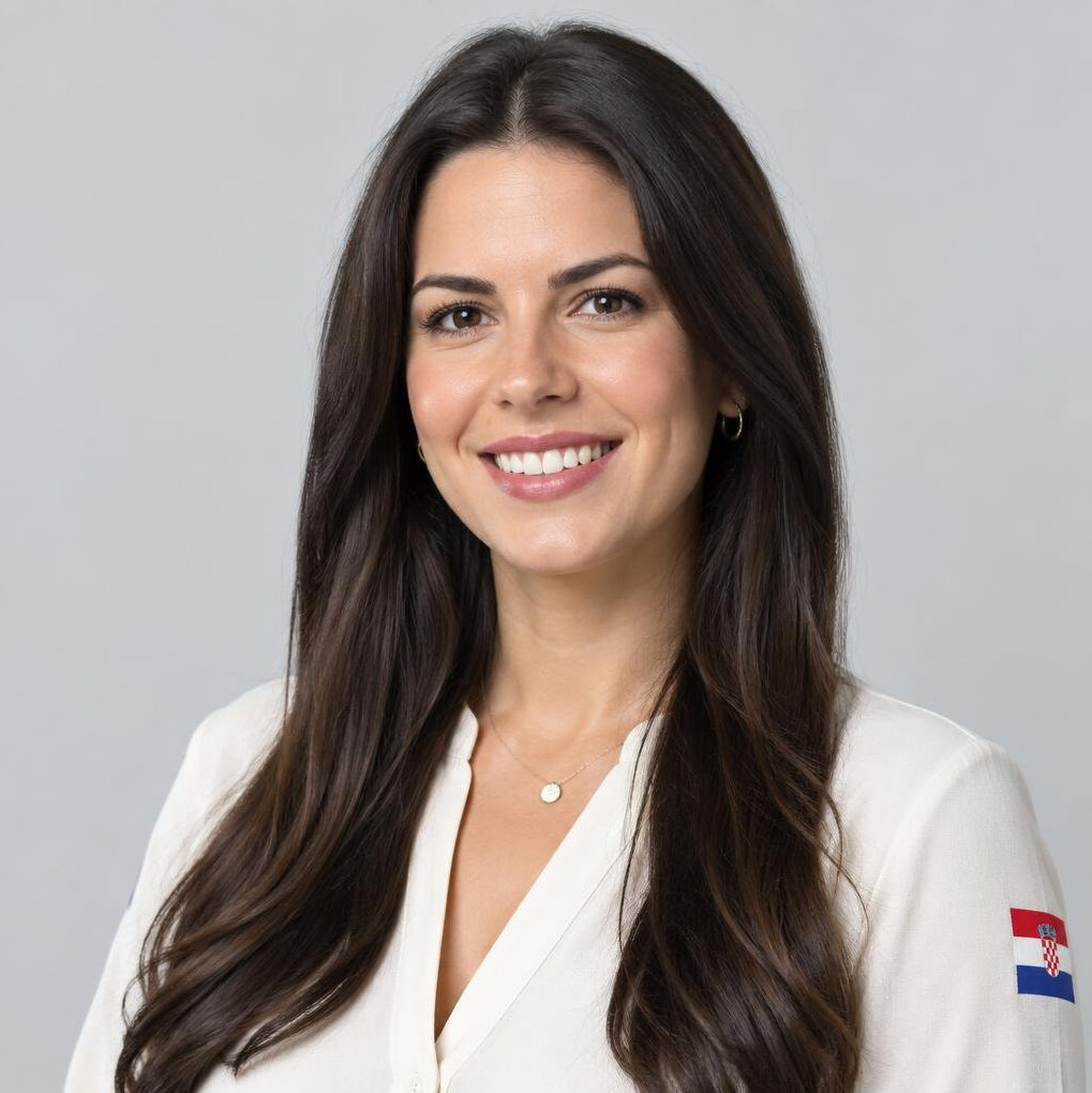 Studio portrait of a smiling young Croatian woman with long dark hair